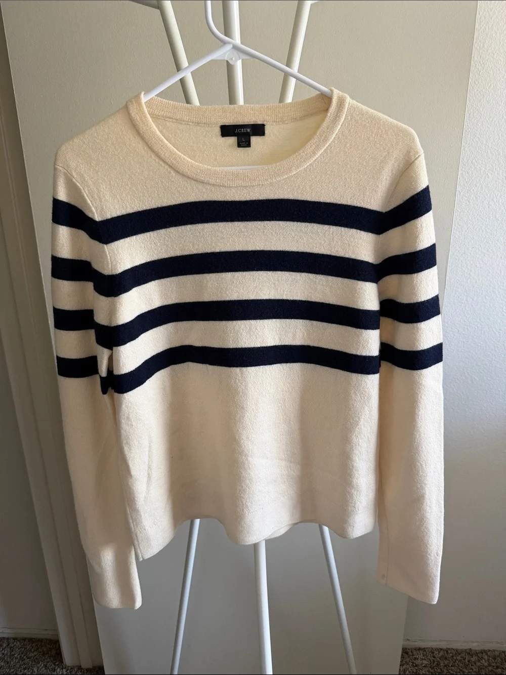 J. Crew Cream and Navy Striped Crewneck Sweater